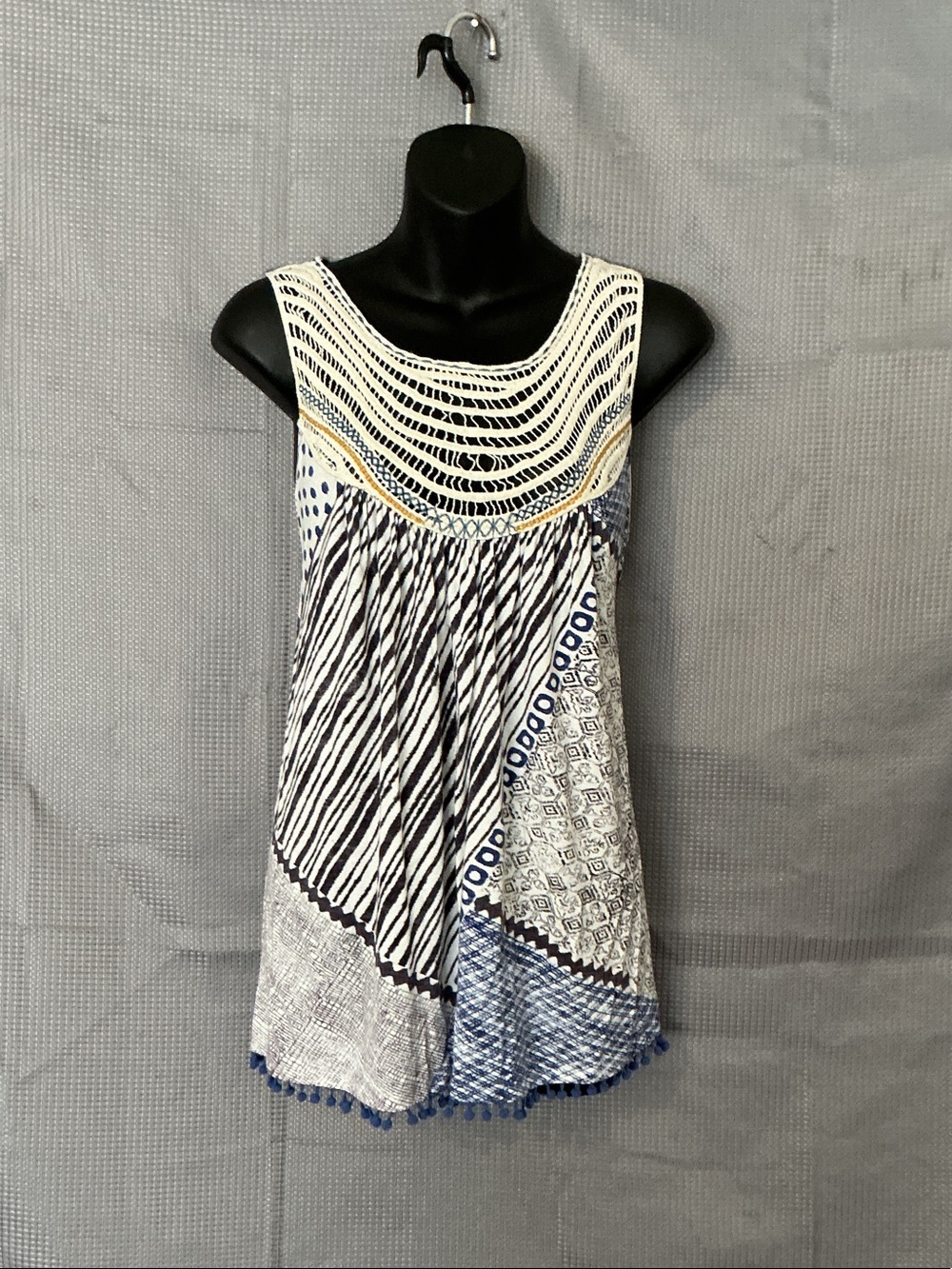 Crochet Yoke Patchwork Tank Top in Blue & Cream